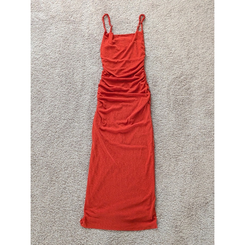 Nanushka Alexa Mesh Jersey Midi Dress Size Small Bodycon Ruched Cami Ruby Red